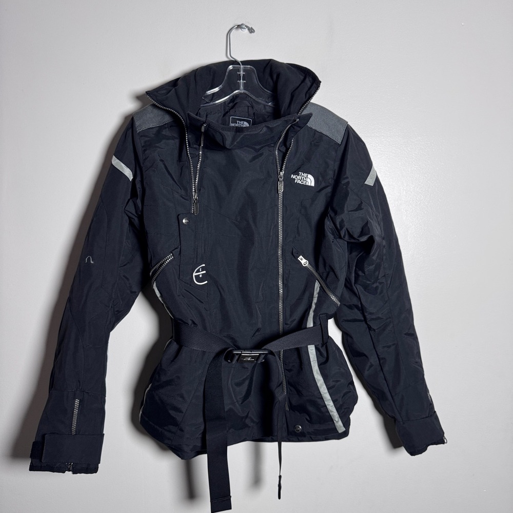 1990s The North Face Steep Tech Ski Jacket Womens M Black Solid Belted Vintage